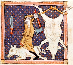 Aralık: domuzların kesilmesi. Ermengol de Beziers (Matfre Ermengau) (Ermengaud) tarafından “Breviaire d