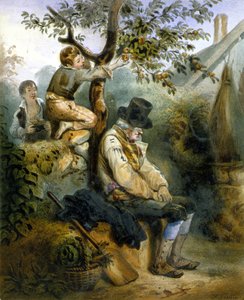 Uyuyan çiftçinin burnunun altında elma çalan çocuklar - Grenier, v.1840 tarafından litografi by Ernest (after) Grenier