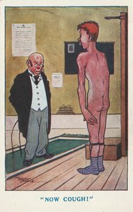Doktor, tıbbi muayene sırasında çıplak bir adamdan öksürmesini istiyor (renkli taş) by Ernest (after) Noble