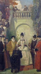Kraliçe Elizabeth, mülkünün merdivenlerinde Sir John Young