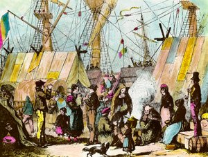Göçmen aileleri Le Havre limanında kamp kurdu. Ernest Charton (1813-1905) gravürü 19. yüzyıl Özel Koleksiyon gravürü by Ernest Charton