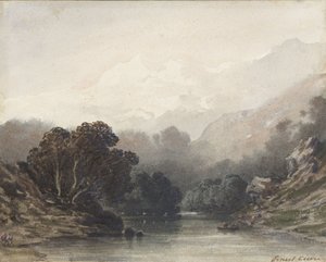 Karanlık ağaçların gölgesinde, hafif tepelerin ve kar zirvelerinin arkasında dağ gölü by Ernest Cicéri