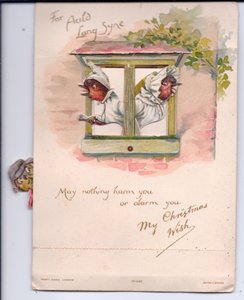 Gecelikli iki soyguncunun alarm halinde pencereden dışarı baktığı Viktorya dönemine ait bir Noel kartı, 1880 dolayları by Ernest Henry Griset