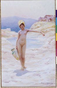 Cezayirli kızın testisi var Çölde bir vahanın su kaynağının yanında bir sürahi su takan şapkalı çıplak bir kız. Suluboya, Louis Ernest Lessieux (1874-1925) Zorunlu söz: Koleksiyon fondasyonu, de Provence, Marsilya