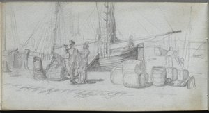 Eskiz defteri, sayfa 50: Tekneler, Figürler, Sahilde Kargo by Ernest Meissonier