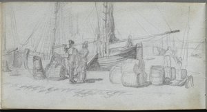 Eskiz defteri, sayfa 50: Tekneler, Figürler, Sahilde Kargo. by Jean Louis Ernest Meissonier