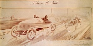Motor yarışları: “Paris Madrid”: Michelin lastikleriyle donatılmış Mors yarışında Gabriel galibi "” Çizim 1903 by Ernest Montaut