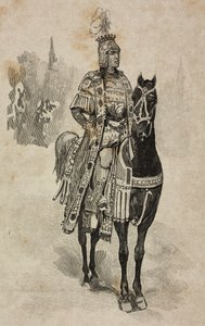 Aosta Dükü Emanuele Savoylu Filiberto, Umberto I ve Savoylu Margherita'nın gümüş düğünü vesilesiyle Villa Borghese turnuvasında Umberto Biancamano kostümüyle, Roma, İtalya