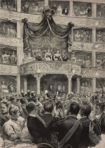 Umberto I ve Savoylu Margherita, Almanya hükümdarları eşliğinde Arjantin Tiyatrosu'nda gümüş düğün kutlamaları vesilesiyle, 21 Nisan