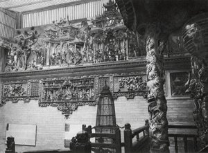 Kuangchou, Kuangtung, Kanton, Tıp Tanrısı Tapınağı, Ana avludaki kabartmalar (b/w fotoğraf)