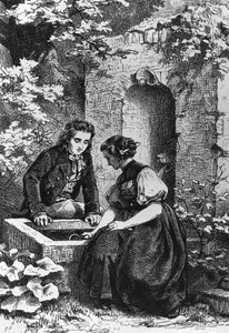Çeşmede Hermann ve Dorothy, Hermann ve Dorothea için illüstrasyon, Johann Wolfgang von Goethe'nin idil (1749-1832), Ernst Bosch'un (1834-1917) çizim üstüne gravürü by Ernst Bosch