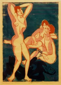 Üç çıplak ve yatan bir adam by Ernst Ludwig Kirchner