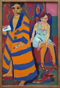 Bir modelle kendi kendine portre. Ernst Ludwig Kirchner (1880-1938), Tuval Üzeri Yağlıboya Tablo by Ernst Ludwig Kirchner