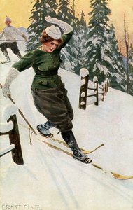 19. yüzyılın sonları veya 20. yüzyılın başlarında kayak yapan kadın. by Ernst Platz