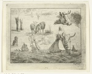 Deniz manzarası, iki inek başı, koyun, köpek ve iki bacaklı çalışma sayfası by Ernst Willem Jan Bagelaar