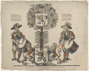 İki arması olan ağaç, her iki tarafında birer tambur by Erven Weduwe Gijsbert de Groot