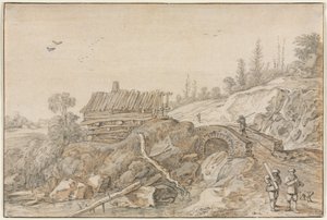 Bir dere yanında kulübe ile tepelik manzara by Esaias van de Velde