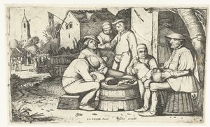 Bir handa bir varilin etrafında oturan altı köylü by Esaias van de Velde