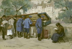 Seine boyunca Fransız askerleri ve Bouquinistes, 1917 (wc açık gri kağıt üzerinde) by Ethel Hunter
