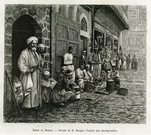 Şam çarşısı. E.Ronjat tarafından yapılan gravür, Halk Eğitimi Bakanlığı tarafından bir misyonla görevlendirilen Lyon Tıp Fakültesi dekanı M. Lortet tarafından Tour du monde