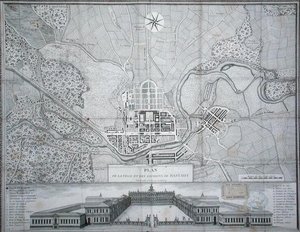 Rastadt kasabasının haritası, çevresi ve Schloss (gravür) by Etienne Claude Voysard
