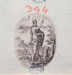 Görme alegorisi, bir kadın gökyüzünü gösterir (Gravür by Etienne Delaune