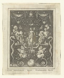 Dört yanan kalp arasında Amor ile Venüs Grotesk çerçeveli tanrı figürlü yüzey süslemeleri (sonraki versiyon) (seri başlığı) by Etienne Delaune