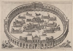 Bir Roma arenasında, Tiber nehri ve sol altta periler ile donanma angajmanı..., 1577-85. by Etienne Duperac