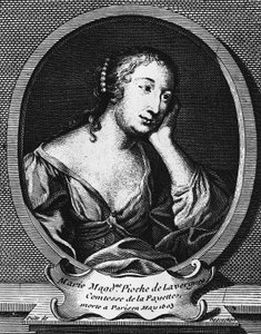 Fransız romancı Marie-Madeleine Pioche de La Vergne, Comtesse de La Fayette'in (1634-1693) madalyon portresi, Etienne Jehandier Desrochers'ın (1668-1741) gravürü
