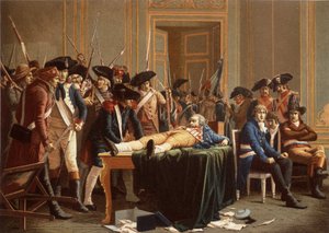 10. Thermidor II. Yıl sabahı; Maximilien de Robespierre, kırık çeneli, masaya yayılmış (chromolitho) by Etienne Lucien (after) Melingue