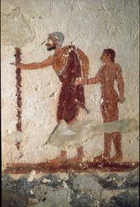 Genç bir adam eşliğinde yaşlı bir adam (Fresco, detay, MÖ 530) by Etruscan