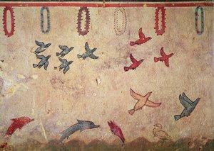 Avcılık ve Balıkçılık Mezarı'ndan su kuşları ve sıçrayan yunuslar, MÖ 520-10 dolayları (duvar resmi) by Etruscan