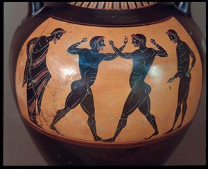 Etrüsk Uygarlığı: Terracotta amphora decoree d"une sahne de pugilat, ayrıntı MÖ 550-500 Vulci, İtalya