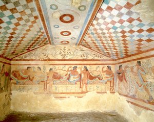 Etrüsk Leopar Mezarı, ziyafet sahnesini gösteren fresk, Tarquinia. MÖ 5. yüzyıl, İtalya (fresk)