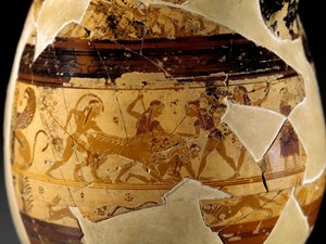 Etrüsk antik: Macmillan ressamı tarafından MÖ 640-630 yılları arasında dekore edilmiş polikrom protokorint tarzında Olpe Chigi olarak bilinen kilden olpe (trompet şeklinde yüksek yakalı armut biçimli sürahi). Aslan avı sahnesini gösteren detay. Veio
