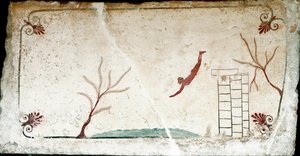 Etrüsk sanatı: Genç bir yüzücü dalışı. "Dalgıcın" mezarının freski. Paestum