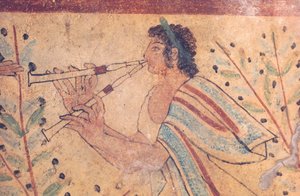 Etrüsk sanatı: flütçü. İtalya#39;nın Monterozzi nekropolündeki Leopar Mezarı#39;ndaki bir fresk detayı, MÖ 5. yüzyıla ait (fresk)