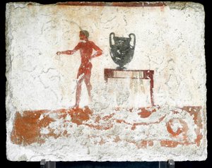 Etrüsk sanatı: bir vazonun yerleştirildiği bir masanın yanında genç bir çıplak ephebe. "Dalgıcın" mezarının freski. Paestum