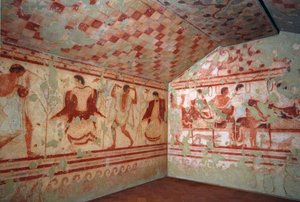Etrüsk sanatı: ziyafet sahnelerini betimleyen freskler. Triclinium