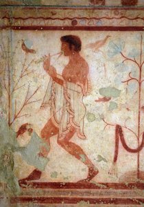 Etrüsk sanatı: ziyafet sahnelerini temsil eden freskler, bir flüt çalan kişiyi temsil eden detay. Triclinium