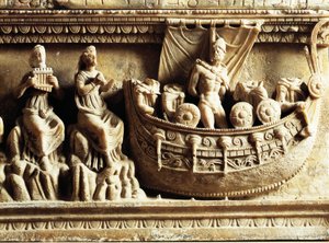 Etrüsk uygarlığı, kaymaktaşı vazo, Odysseus ve Sirenleri betimleyen kabartmanın detayı by Etruscan