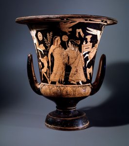 Etrüsk uygarlığı: Apollo ve bir menade temsil eden Nazzano ressamı tarafından pişmiş toprak krater dekoru, MÖ 350 Dim 57 cm, Civita Castellana bölgesinden by Etruscan