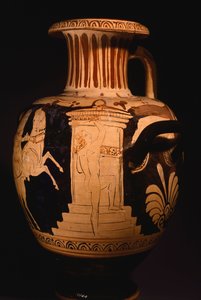 Biga Vatikana (Vatikan Arabası) Ressamı tarafından Hydria, iş yerinde ressamla aedicule detayını gösteriyor. Kırmızı figürlü çömlek. Etrüsk Uygarlığı, MÖ 4. yy. by Etruscan