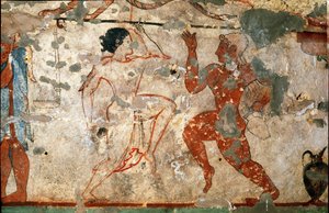 Ritüel dans, şeffaf tunik giyen genç kadın ve çıplak genç adam. (Fresk detayı, MÖ 520)