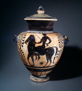 Bir biniciyi temsil eden pişmiş toprak stamnos, MÖ 500-490 by Etruscan
