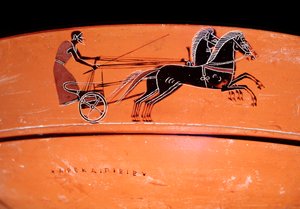 MÖ 4. yy, iki atın çizdiği bir arabayı temsil eden pişmiş toprak vazo detayı by Etruscan