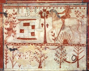 Aşil tarafından Truva Prensi Troilus'un Pusu, Boğa Mezarı'ndan (Tomba del Tori) MÖ 540 dolayları (fresk) by Etruscan