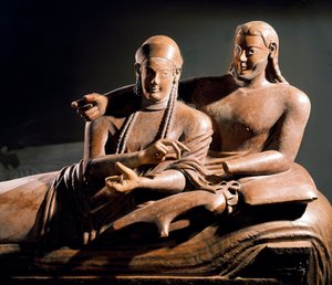 Etruscan Art: Sarcophagus des spouses, terracotta sulpte group of a couple on the funeral bed - Detail, from Cerveteri, Italy. 525-500 BC. Paris, musee du Louvre - Etruscan civilization: Sarcophagus of the spouses - Terracotta sculpture (detail) from Cerve