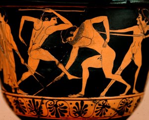Etrüsk sanatı: pyxis bir palestra sahnesini süslüyor, sporcular Cerveteri
