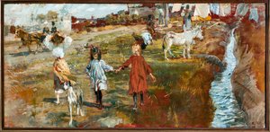 Çocuklar ve köpeklerle ülke manzarası, nehir kenarında bir eşek (tuval üzerine yağlı boya by Ettore Tito
